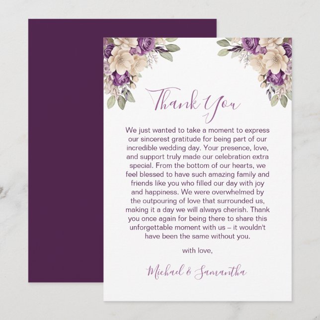 Elegante Lila Hochzeit und Hochzeit der Elfenbeink Dankeskarte (Vorne/Hinten)