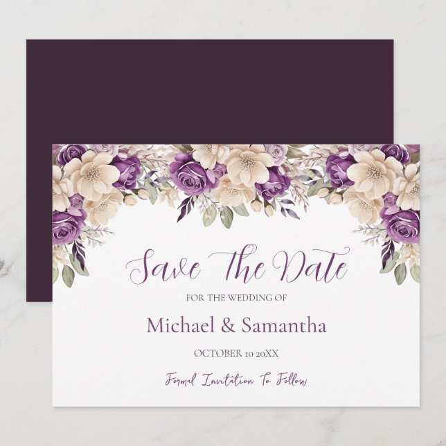 Elegante Lila Hochzeit und Hochzeit der Elfenbeink Save The Date (Vorne/Hinten)