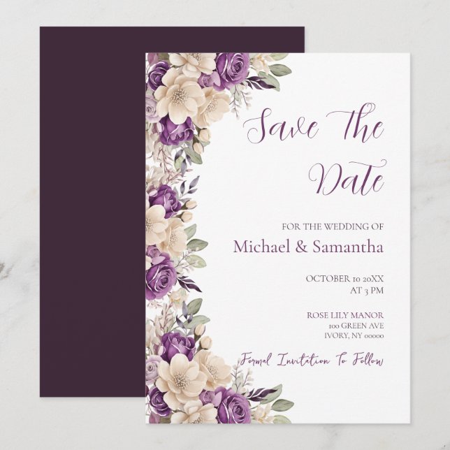 Elegante Lila Hochzeit und Hochzeit der Elfenbeink Save The Date (Vorne/Hinten)