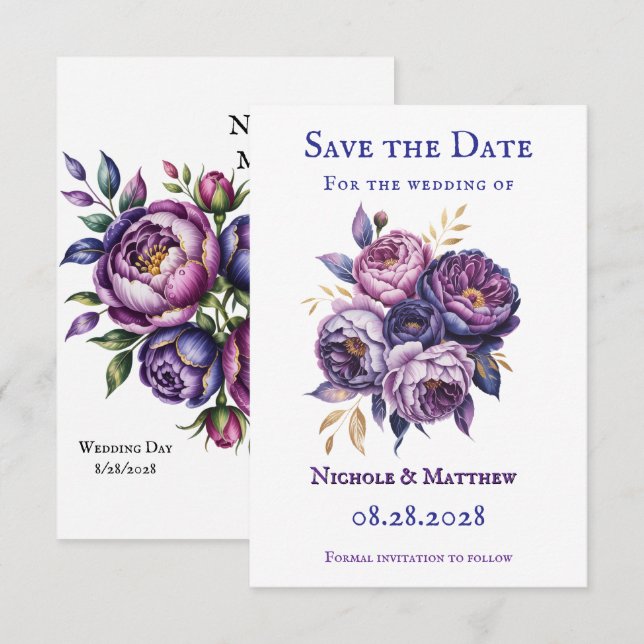 Elegante Lila Hochzeit und Magenta Peony Wedding Save The Date (Vorne/Hinten)
