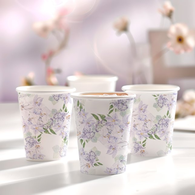 Elegante Lila Hochzeitsfeier mit Wasserfarbe Pappbecher (Elegant Watercolor Floral Purple Wedding Party Paper Cups)