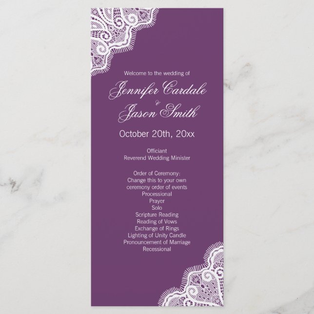 Elegante Lila Hochzeitsprogramme an der Spitze Programm (Vorderseite)