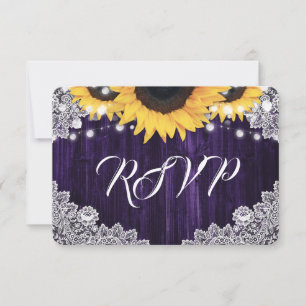 Elegante lila Holz-Lace-Sonnenblumen-Hochzeit RSVP Karte