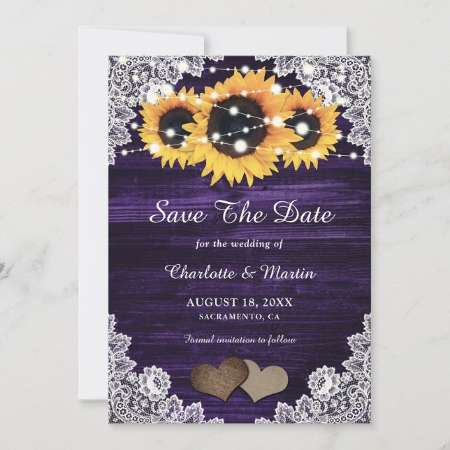 Elegante Lila Holzlace Hearts Sonnenblumen Hochzei Save The Date (Vorderseite)