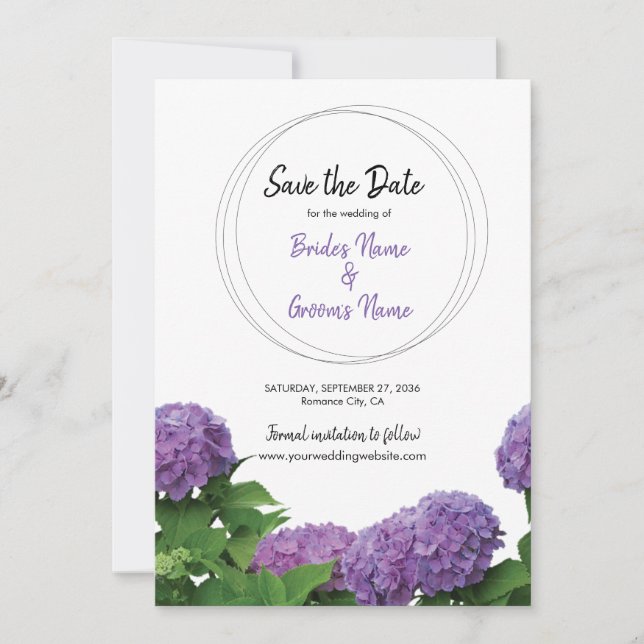 Elegante Lila Hydrangea-Hochzeit rettet das Datum Save The Date (Vorderseite)