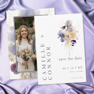 Elegante lila Iris-Aquarell-Gartenhochzeit Save The Date