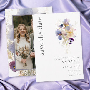 Elegante lila Iris-Aquarell-Gartenhochzeit Save The Date