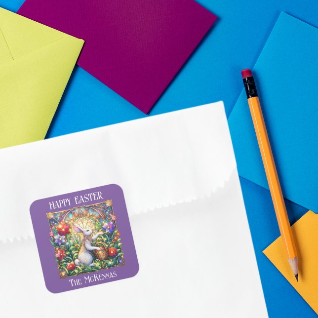 Elegante Lila Jugendstil Bunny Garden Ostern Quadratischer Aufkleber (Von Creator hochgeladen)