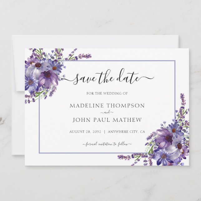 Elegante Lila Lavendel Peonies Hochzeit Save The Date (Vorderseite)