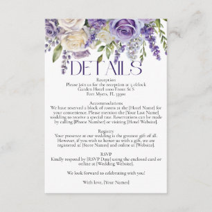 Elegante lila Lavendel Weiße Rosen Hochzeitsdetail Begleitkarte