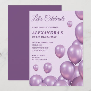 Elegante lila Luftballons 88. Geburtstagseinladung Einladung