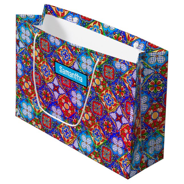 Elegante lila mexikanische Talavera-Fliesen Große Geschenktüte (Vorderseite Schrägansicht)