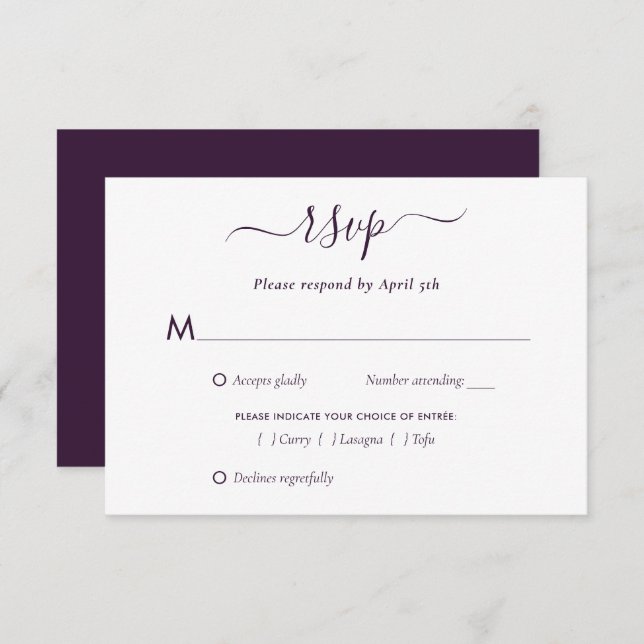 Elegante Lila, moderne Script Wedding RSVP Card (Vorne/Hinten)