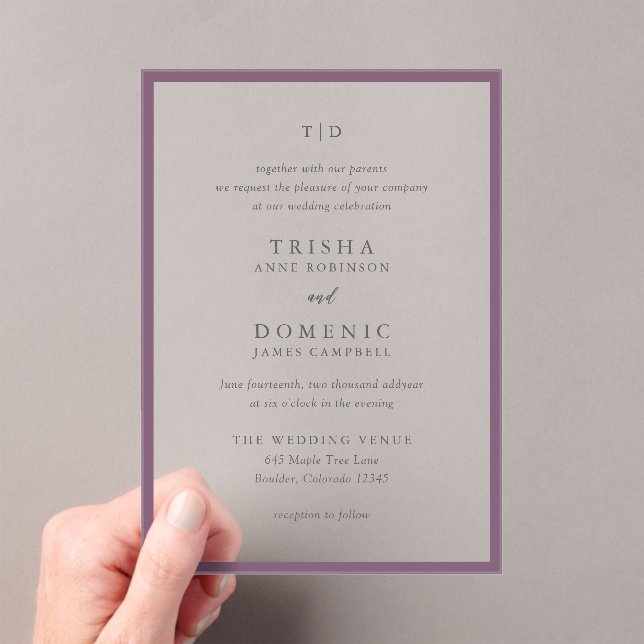 Elegante Lila Monogram Moderne Hochzeit Acryleinladungen (Insitu (Handheld))