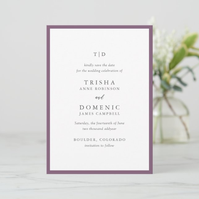 Elegante Lila Monogram Moderne Hochzeit Save The Date (Stehend Vorderseite)