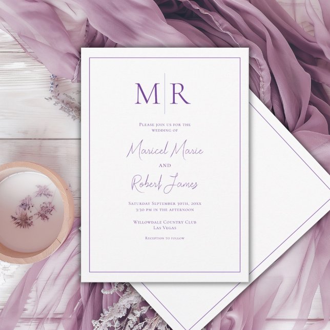 Elegante lila Monogramm-Hochzeit Einladung (Von Creator hochgeladen)