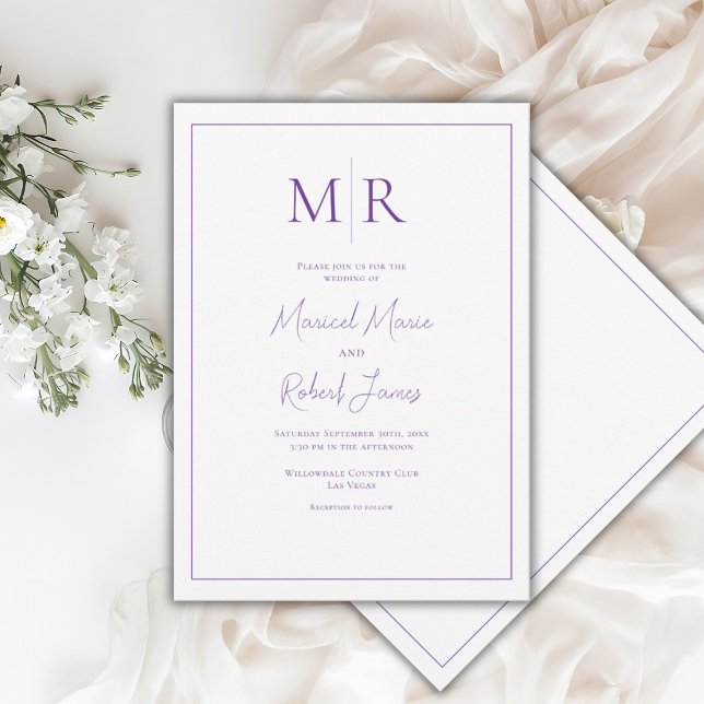 Elegante lila Monogramm-Hochzeit Einladung (Von Creator hochgeladen)