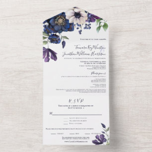 Elegante lila navyblaue Blumenhochzeit All In One Einladung