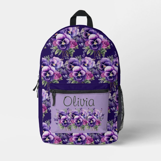 Elegante Lila Pansy Stiefmütterchen Bedruckter Rucksack (Vorderseite)