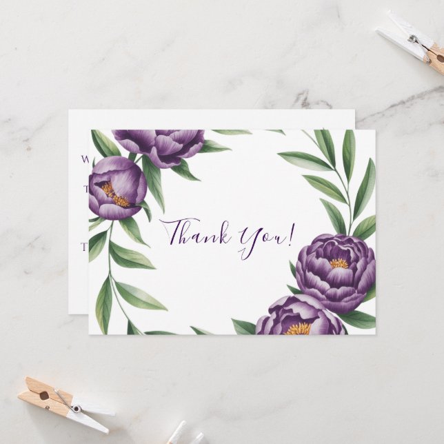 Elegante Lila Peonies Wedding Dankeschön Card Einladung (Vorderseite/Rückseite Beispiel)