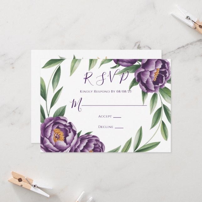 Elegante Lila Peonies Wedding RSVP Card Einladung (Vorderseite/Rückseite Beispiel)
