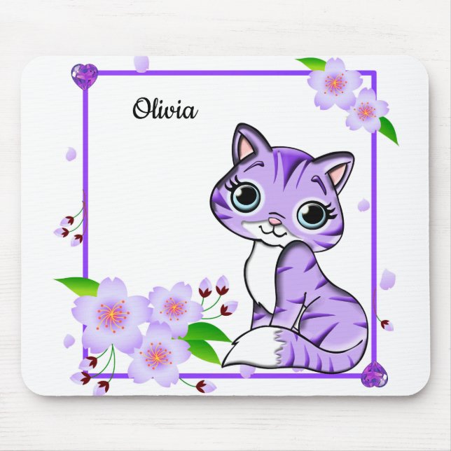 Elegante Lila Peony-Blume und Lila Niedliche Katze Mousepad (Vorne)