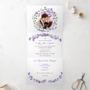 Elegante lila Pfingstrose Florale Hochzeit Dreifach Gefaltete Einladung