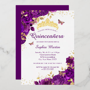 Elegante lila Quinceanera-Blume Schmetterling Folieneinladung