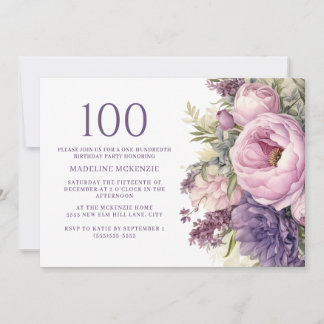 Elegante Lila rosa Blume 100. Geburtstag Einladung