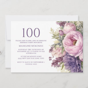 Elegante lila rosa Blumen 100. Geburtstag Einladung