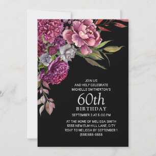Elegante lila rosa florale schwarze 60. Geburtstag Einladung