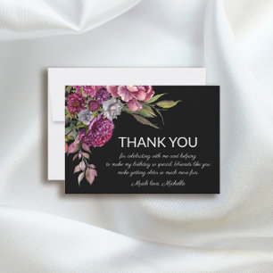 Elegante lila rosa florale schwarze Geburtstags- Dankeskarte