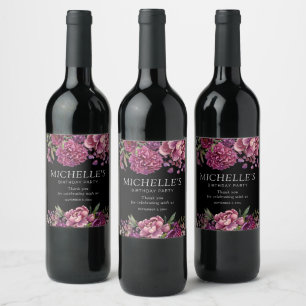 Elegante lila rosa florale schwarze Geburtstags- Weinetikett