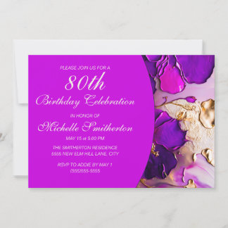 Elegante Lila Rosa Gold Blume 80. Geburtstag Einladung