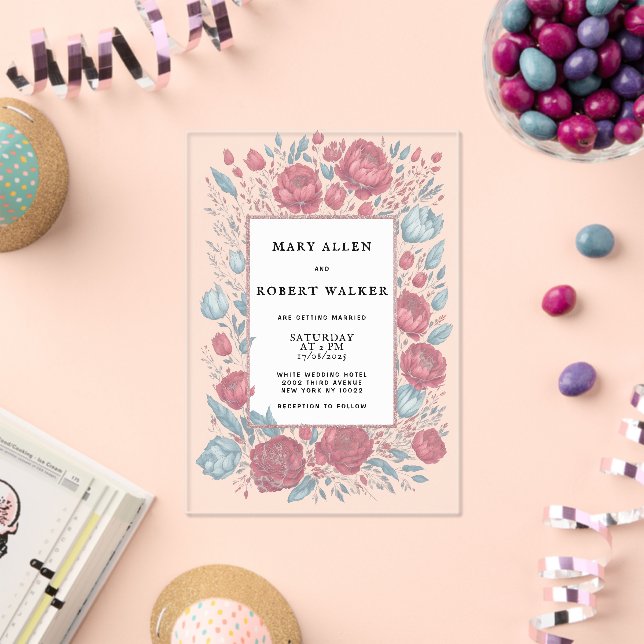 Elegante lila rosa hellblaue Blumengestelle Acryleinladungen (Insitu (Feier))