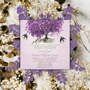 Elegante Lila Rosa Herzblatt Baum Hochzeit Einladung