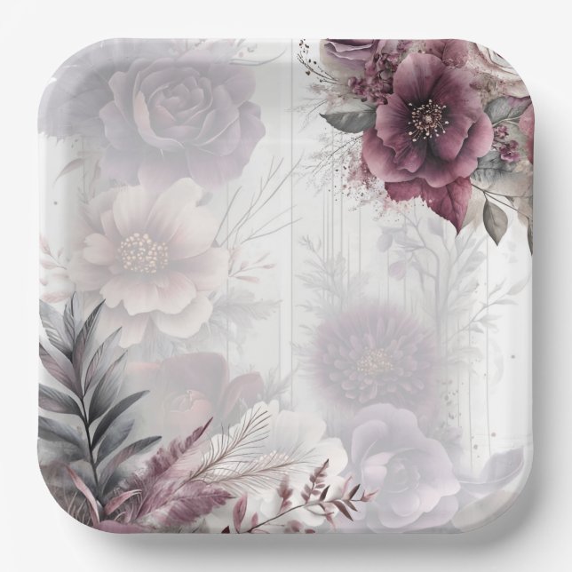 Elegante lila, rosa und maronfarbene Blüten Pappteller (Vorderseite)