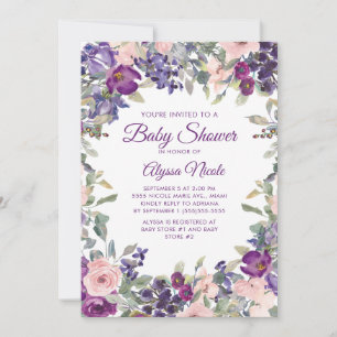 Elegante lila rosafarbene florale Babyparty Einladung