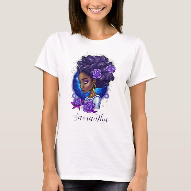 Elegante Lila Rose Afro Woman T-Shirt (Vorderseite)