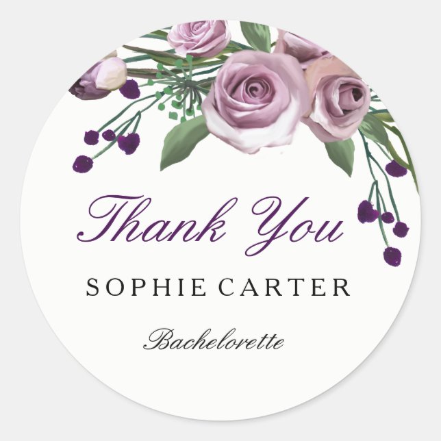 Elegante Lila Rose Bachelorette Danke Sticker (Vorderseite)