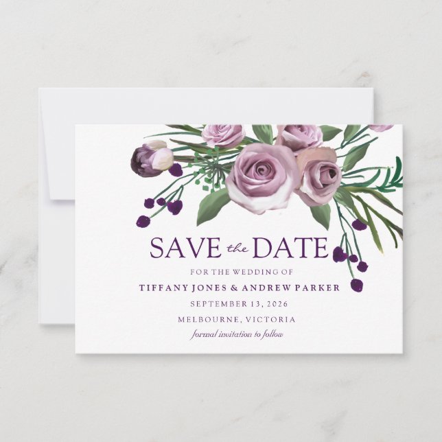 Elegante Lila Rose Blumenhochzeit Save The Date (Vorderseite)