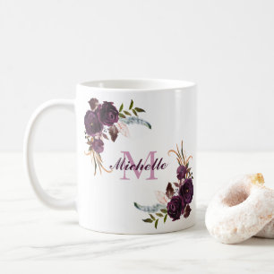 Elegante Lila Rose Floral Name Monogramm Tasse