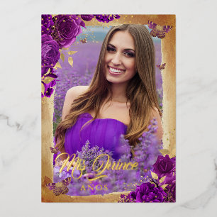 Elegante Lila Rose Gold Floral Foto Quinceanera Folieneinladung