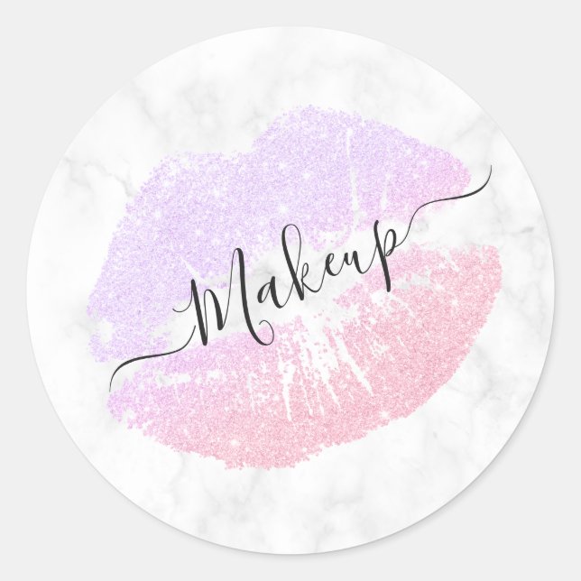 Elegante lila Rose Gold Glitzer Lippen Weißmarmor Runder Aufkleber (Vorderseite)