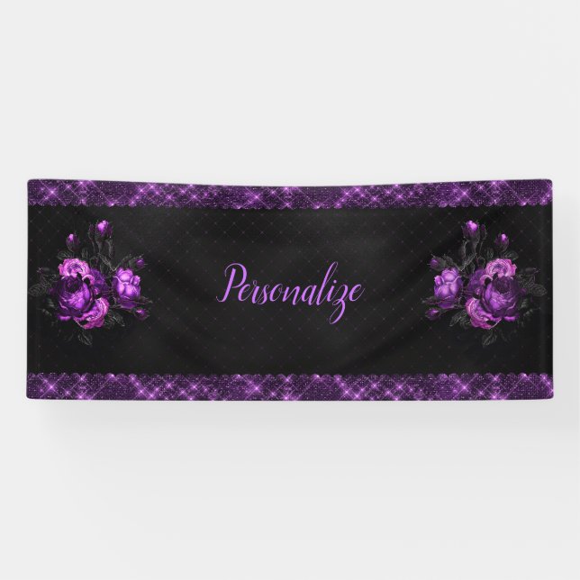 Elegante Lila Rose & Grenzen auf Black Personalize Banner (Horizontal)