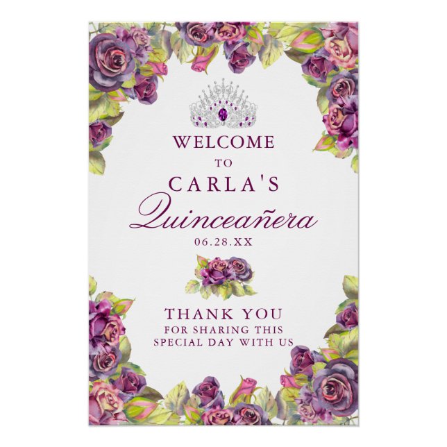 Elegante Lila Rose Quinceanera Begrüßungszeichen Poster (Vorderseite)