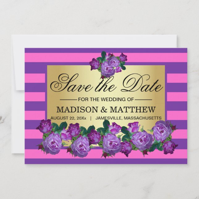Elegante Lila Rose & Streifen Save the Date Karte (Vorderseite)