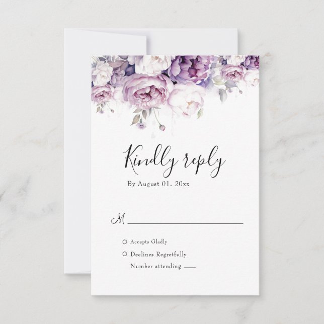 Elegante Lila Rose Wasserfarben Hochzeit der Blume RSVP Karte (Vorderseite)