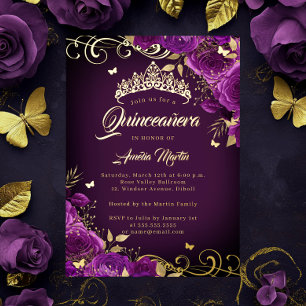 Elegante lila Rosenwirbel Gold Quinceanera   Folieneinladung