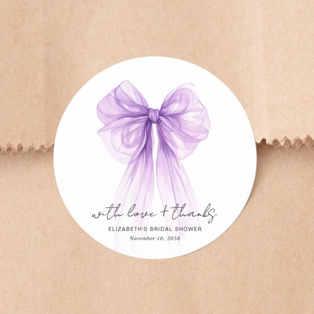 Elegante lila Schleife Wasserfarbe Hochzeitsdusche Runder Aufkleber (Chic Purple Bow Watercolor Bridal Shower Thank You Classic Round Sticker)